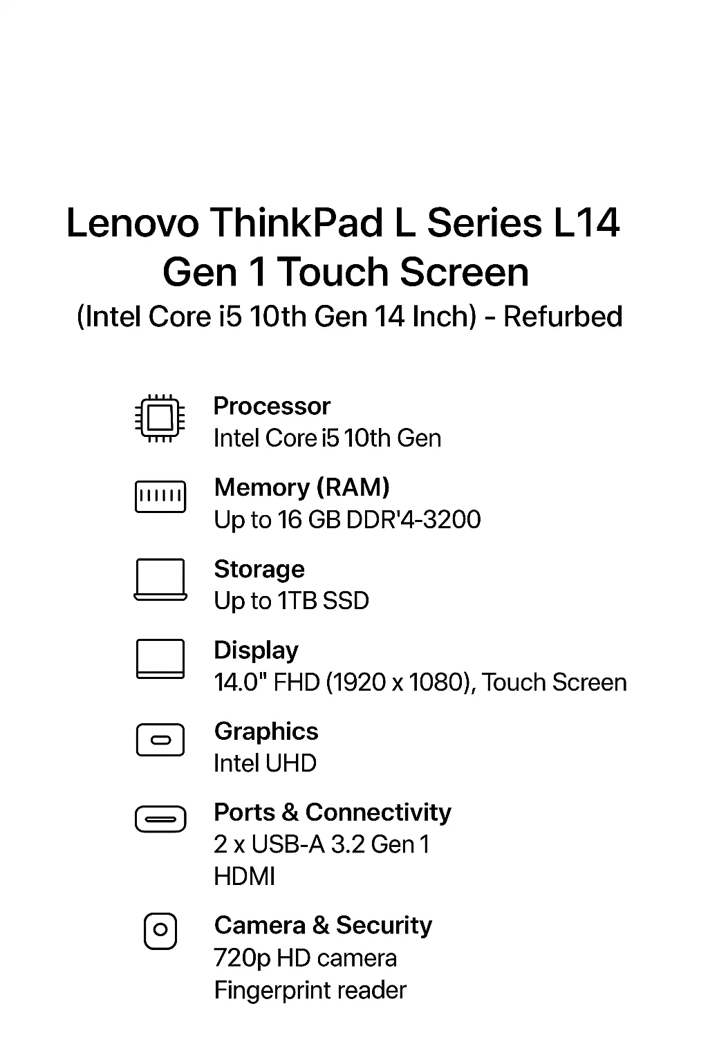 Lenovo Thinkpad L Series L14 Gen 1 Touch Screen  (Intel Core i5 10th Gen 14 Inch)- Refurbished