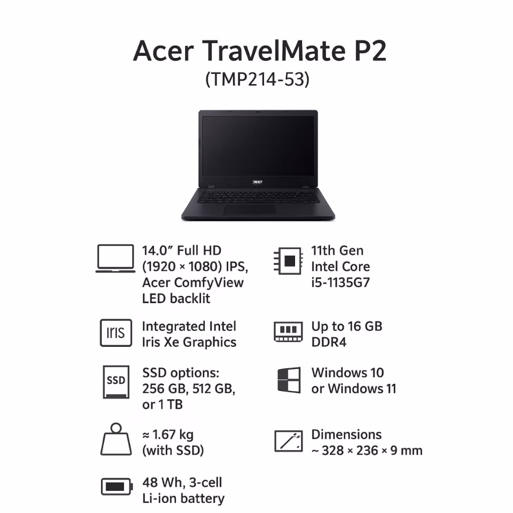 Acer TravelMate P2 Series p214-53 (Intel Core i5 11th Gen 14 Inch)- Refurbished